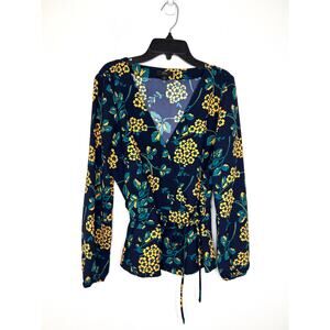 J. Crew Drapey Crepe Wrap Top M Blue Yellow Floral Office Classic Career Preppy